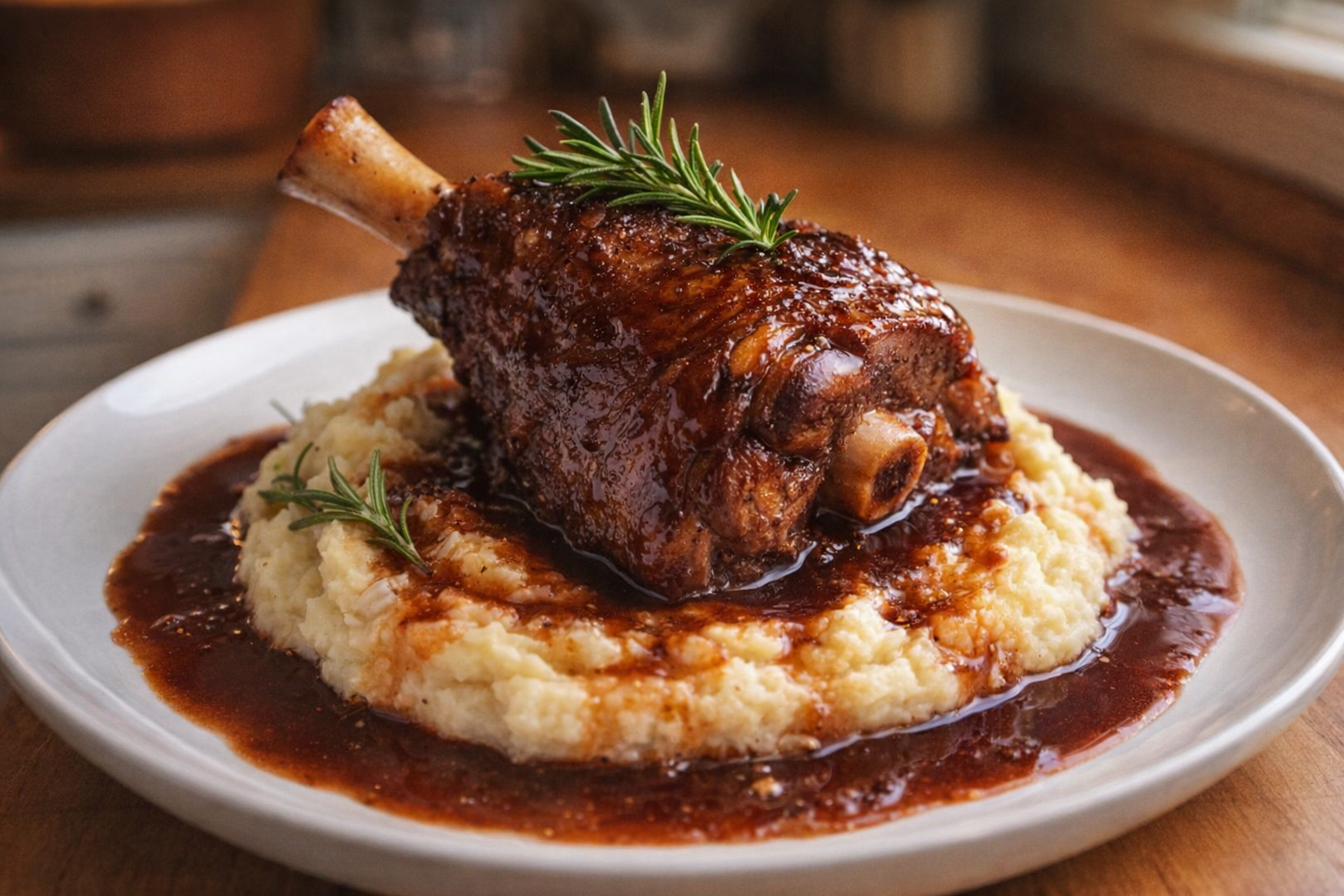 A close-up shot of a perfectly plated lamb shank, glistening with red wine sauce, resting on a bed of creamy mashed potatoes, garnished with fresh rosemary. Warm, inviting lighting